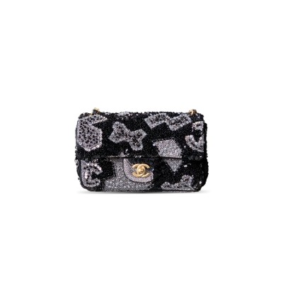 CHANEL 25P CLASSIC FLAP SEQUINS & GOLD-TONE METAL BLACK (20*12*6cm)